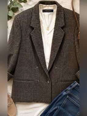 Brooks Brothers Brown Plaid Double-Breasted Wool Blazer